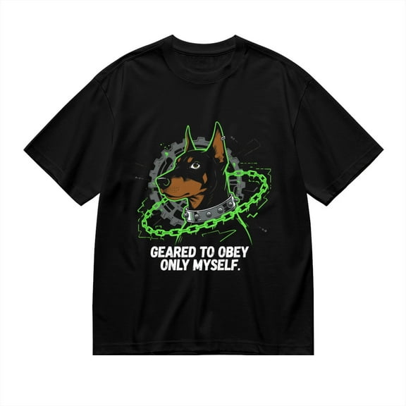 Black T Shirts for Men, Geared To Obey Only Myself,Cyber Doberman Print 1 Mens Graphic Tees, 24013931,S