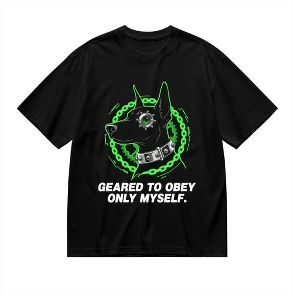 Black T Shirts for Men, Geared To Obey Only Myself, Cyber Doberman Print Mens Graphic Tees, 24013855,S