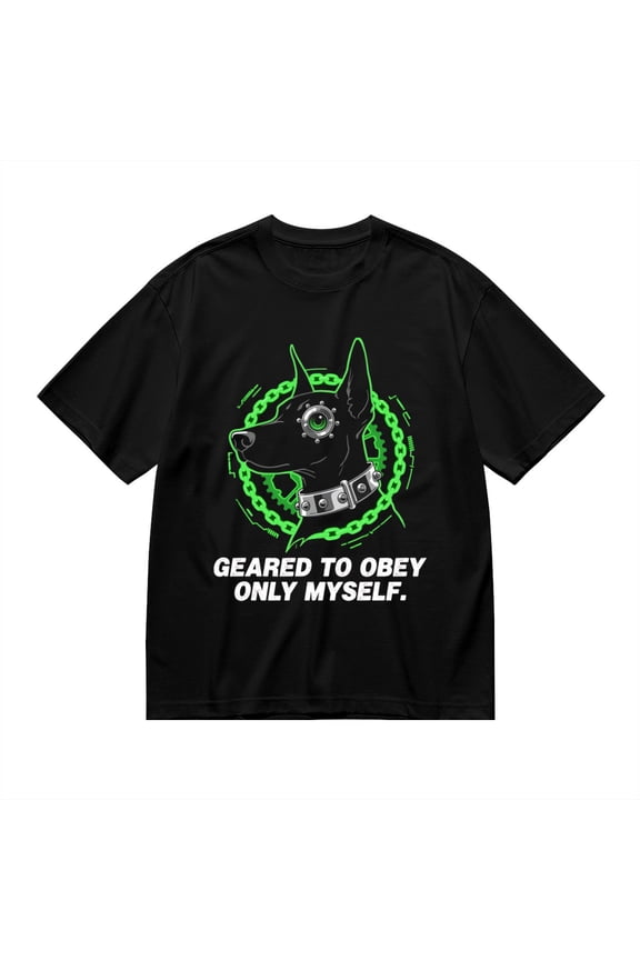 Black T Shirts for Men, Geared To Obey Only Myself, Cyber Doberman Print Mens Graphic Tees, 24013855,XL