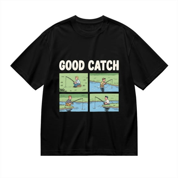 Black T Shirts for Men, Good Catch, Fishing Print Mens Graphic Tees, 24816210,L