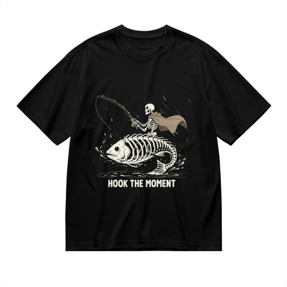 Black T Shirts for Men, Hook The Moment,Skeleton Fishing Print 1 1 Mens Graphic Tees, 24013965,S