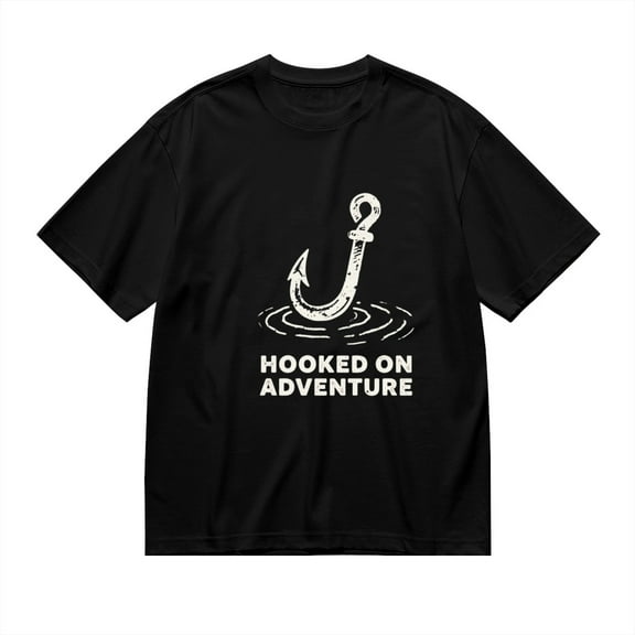 Black T Shirts for Men, Hooked On Adventure, Fishhook Print Mens Graphic Tees, 24013922,S