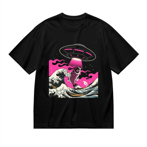 Black T Shirts for Men, Koi Fish Ufo Graphic Mens Graphic Tees, 24846321,M