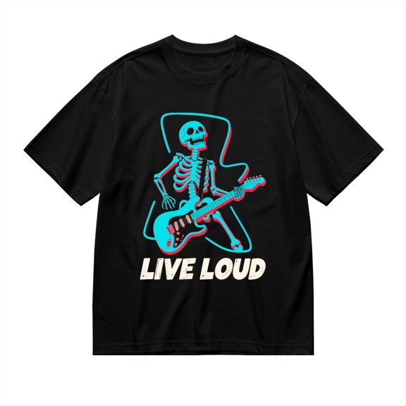 Black T Shirts for Men, Live Loud,Skeleton Guitar Print 2 Mens Graphic Tees, 24013845,M