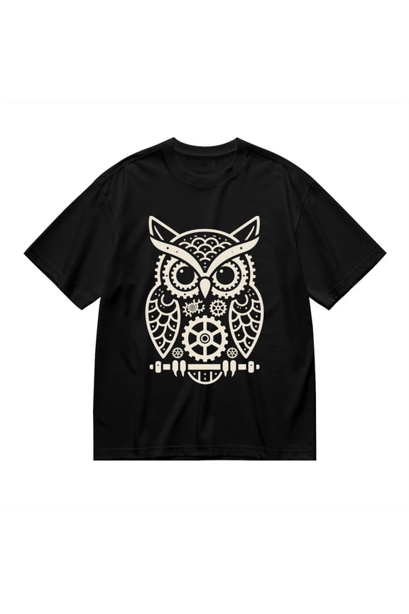 Black T Shirts for Men, Mechanical Owl, Gears, Steampunk Graphic Mens Graphic Tees, 24827650,3XL
