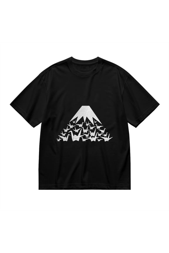 Black T Shirts for Men, Mount Fuji And Cranes Graphic Mens Graphic Tees, 24846361,XXL