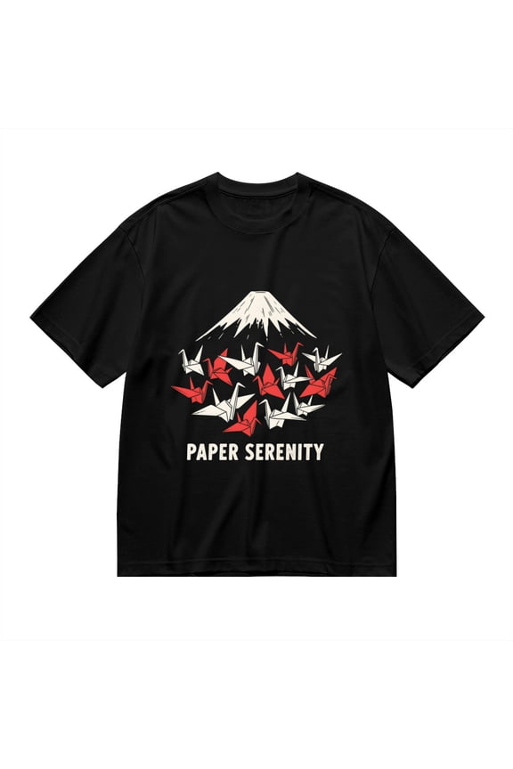 Black T Shirts for Men, Origami Cranes Fuji Serenity, Graphic Mens Graphic Tees, 24936874,M