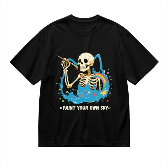 Black T Shirts for Men, Paint Your Own Sky,Skeleton With Paintbrush Print 1 Mens Graphic Tees, 24013494,S