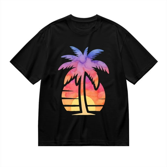 Black T Shirts for Men, Palm Tree, Sunset, Watercolor Graphic 1 Mens Graphic Tees, 24827510,S
