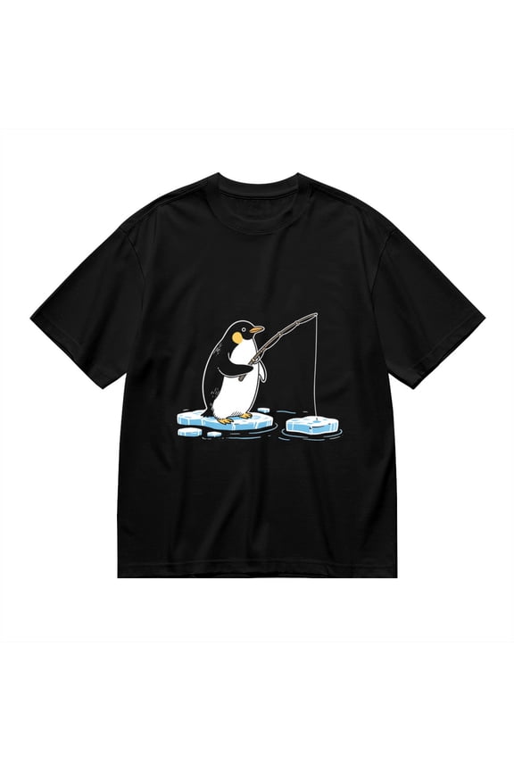 Black T Shirts for Men, Penguin Fishing On Ice, Graphic Mens Graphic Tees, 24936863,3XL