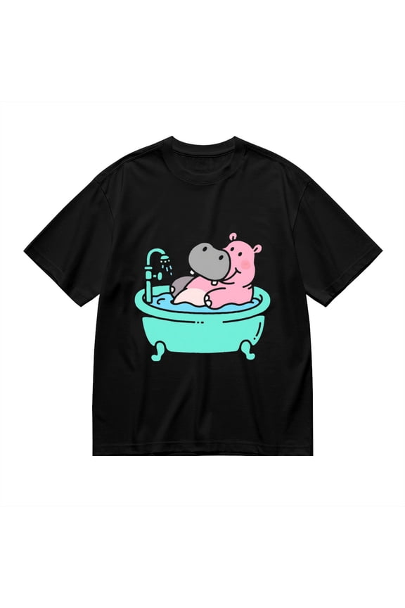 Black T Shirts for Men, Pink Hippo Bath Time Relaxation, Graphic Mens Graphic Tees, 24936930,XXL
