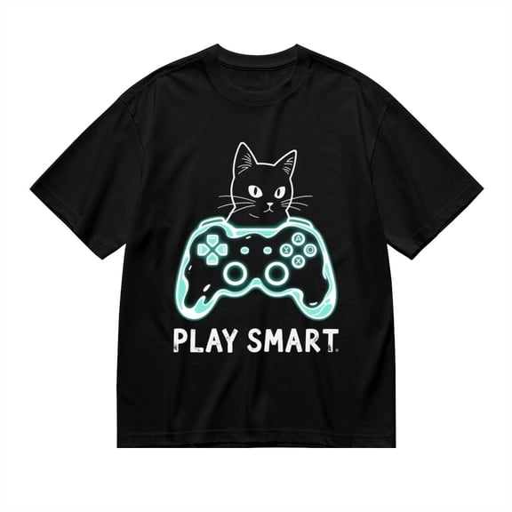 Black T Shirts for Men, Play Smart, Black Cat Game Controller Print 1 Mens Graphic Tees, 24013661,S