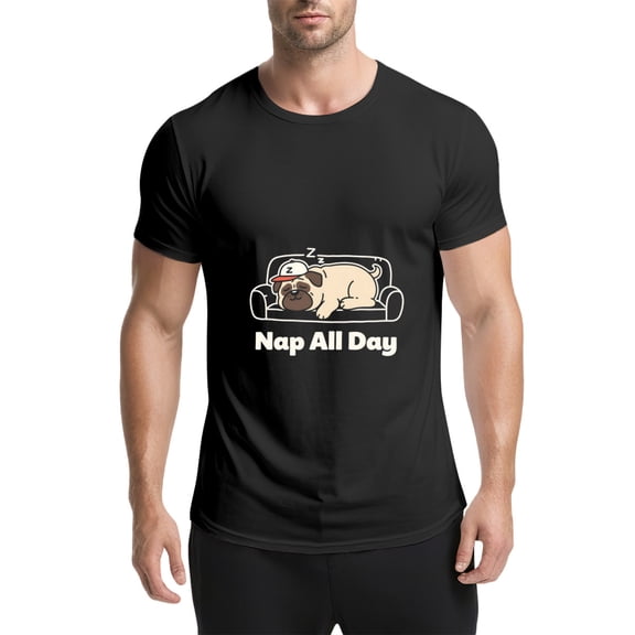 Black T Shirts for Men, Pug, Sofa, Nap All Day Graphic Mens Graphic Tees, 25061281,M