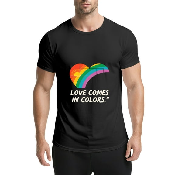 Black T Shirts for Men, Rainbow Heart, Sun, Love Comes In Colors Graphic Mens Graphic Tees, 25061266,S