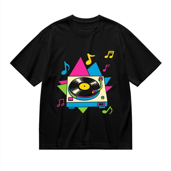 Black T Shirts for Men, Retro Record Player, Music Notes, Colorful Triangles Graphic Mens Graphic Tees, 24827515,L