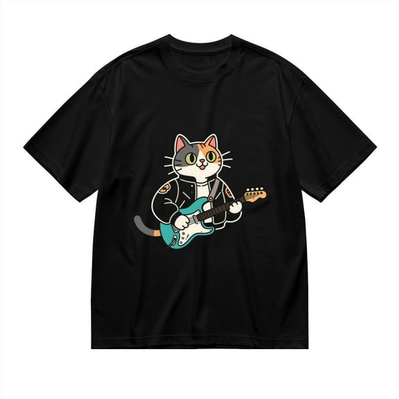 Black T Shirts for Men, Rock Cat With Guitar Graphic Mens Graphic Tees, 24846281,3XL