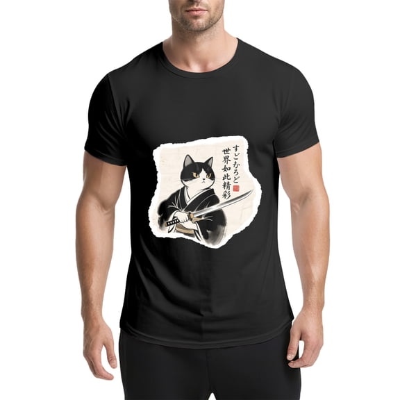 Black T Shirts for Men, Samurai Cat,Katana,World Is Wonderful,Japanese Seal,Graphic Mens Graphic Tees, 25060605,3XL