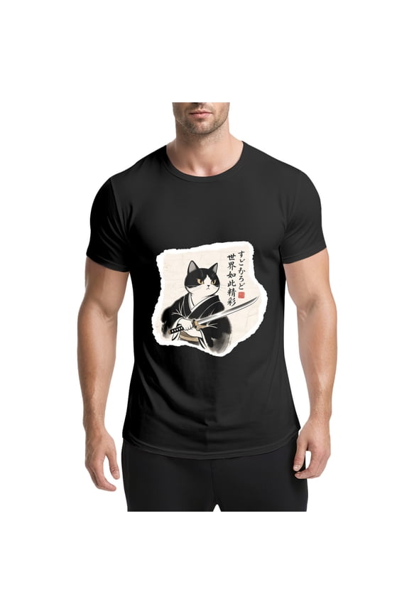 Black T Shirts for Men, Samurai Cat,Katana,World Is Wonderful,Japanese Seal,Graphic Mens Graphic Tees, 25060605,3XL