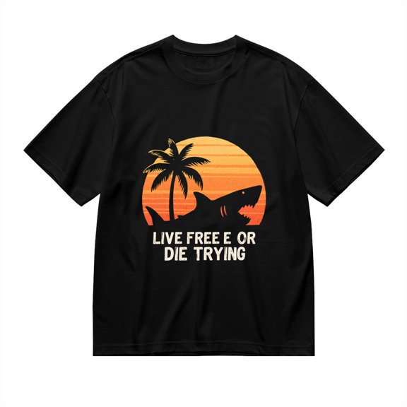 Black T Shirts for Men, Shark, Palm Tree, Live Free Graphic Mens Graphic Tees, 24898415,XL