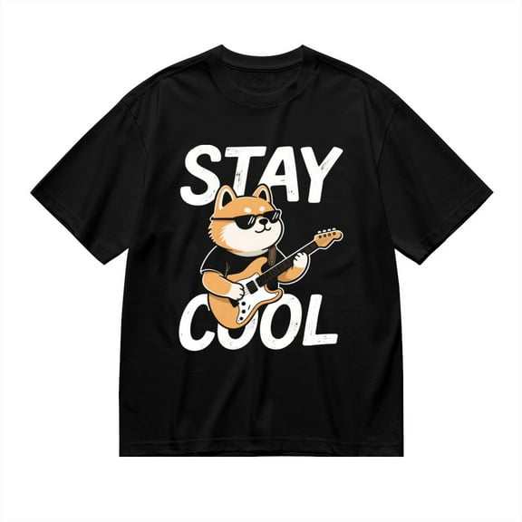 Black T Shirts for Men, Shiba Inu, Guitar, Stay Cool, Graphic 1 Mens Graphic Tees, 24827620,XL
