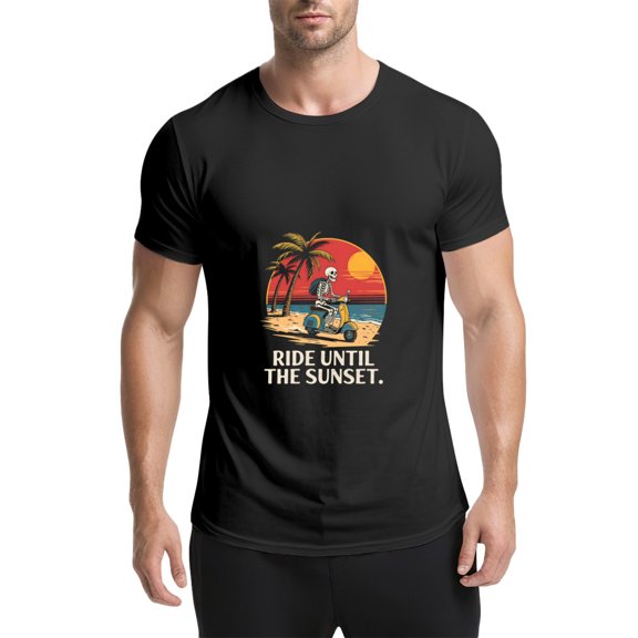 Black T Shirts for Men, Skeleton,Vintage Scooter,Beach,Sunset,Palm Trees,Ride Until The Sunset Graphic 2 Mens Graphic Tees, 25060465,S