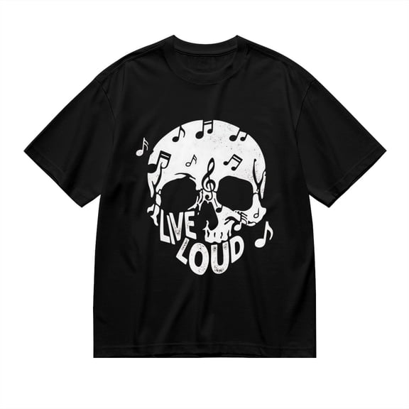 Black T Shirts for Men, Skull, Music Notes, Live Loud, Graphic Mens Graphic Tees, 24827662,M