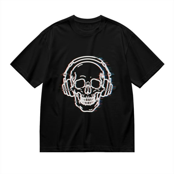 Black T Shirts for Men, Skull With Glitch Headphones, Graphic 2 Mens Graphic Tees, 24827678,3XL
