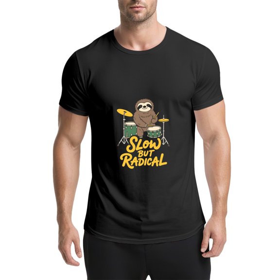 Black T Shirts for Men, Sloth, Drum Set, Slow But Radical Graphic Mens Graphic Tees, 25061564,3XL