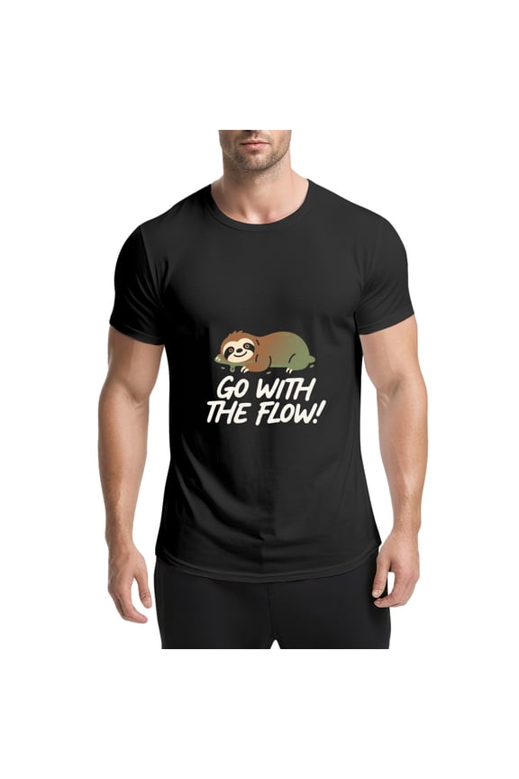 Black T Shirts for Men, Sloth, Go With The Flow Graphic Mens Graphic Tees, 25061455,3XL