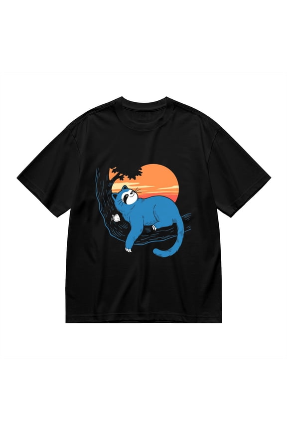 Black T Shirts for Men, Smiling Blue Raccoon Sunset, Graphic Mens Graphic Tees, 24936788,3XL