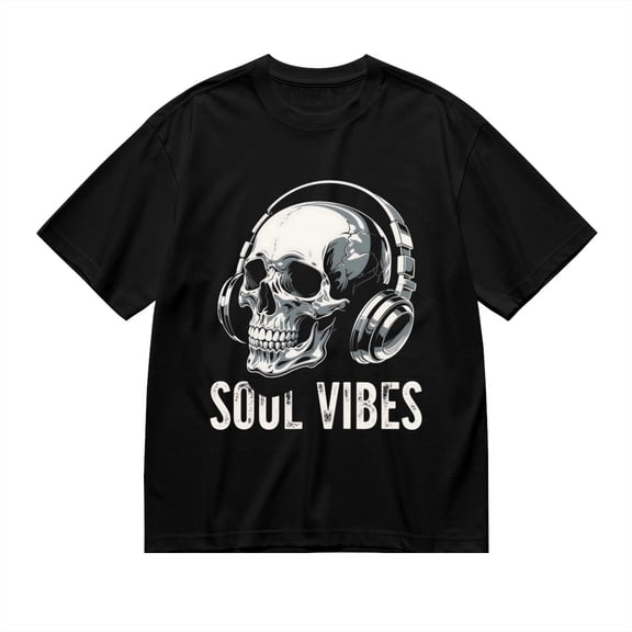 Black T Shirts for Men, Soul Vibes, Skull Headphones Print Mens Graphic Tees, 24816325,L