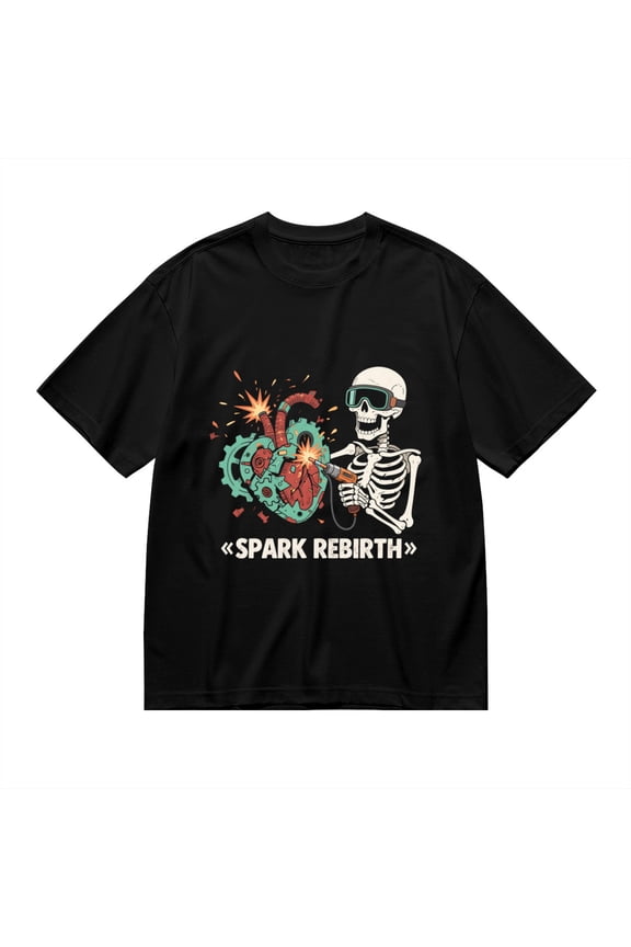 Black T Shirts for Men, Spark Rebirth,Skeleton Welding Heart Print Mens Graphic Tees, 24013501,S