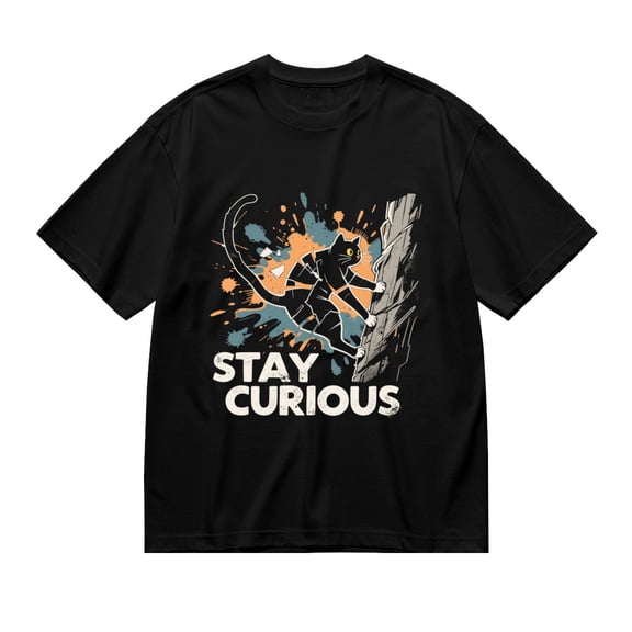Black T Shirts for Men, Stay Curious,Black Cat Climb Print Mens Graphic Tees, 24013511,S