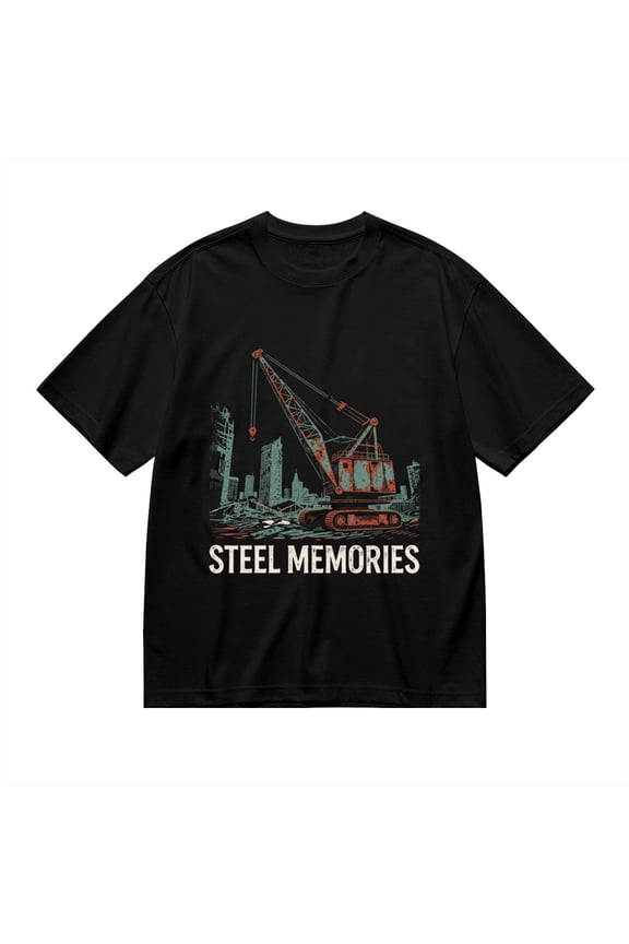 Black T Shirts for Men, Steel Crane City Memories, Graphic Mens Graphic Tees, 24936915,XXL