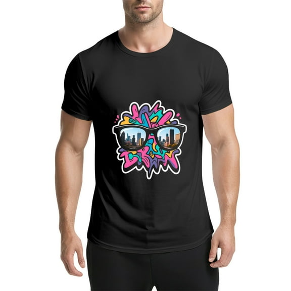 Black T Shirts for Men, Sunglasses,City Reflection,Graffiti,Pop Art,Graphic Mens Graphic Tees, 25060533,S