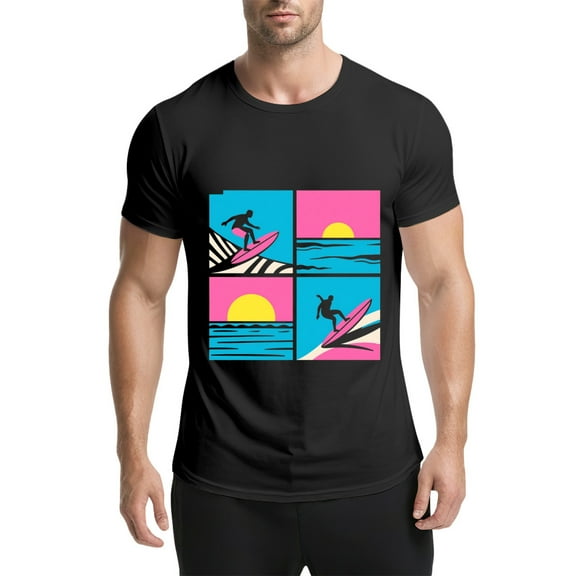 Black T Shirts for Men, Surfer,Black Silhouette,Pink Surfboard,Wave,Four-Panel,Graphic Mens Graphic Tees, 25060407,S