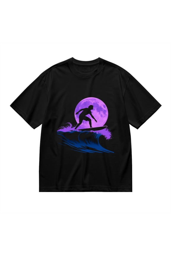 Black T Shirts for Men, Surfer, Moonlight, Ocean Wave Graphic Mens Graphic Tees, 24898423,S