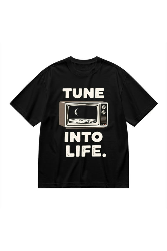 Black T Shirts for Men, Tv, Moon, Tune Into Life, Graphic Mens Graphic Tees, 24827538,XXL