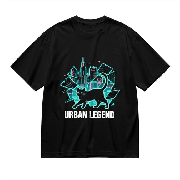Black T Shirts for Men, Urban Legend,Black Cat City Print 1 Mens Graphic Tees, 24013475,S