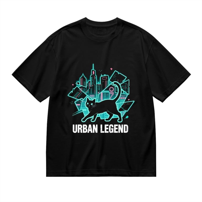 Black T Shirts for Men, Urban Legend,Black Cat City Print 1 Mens