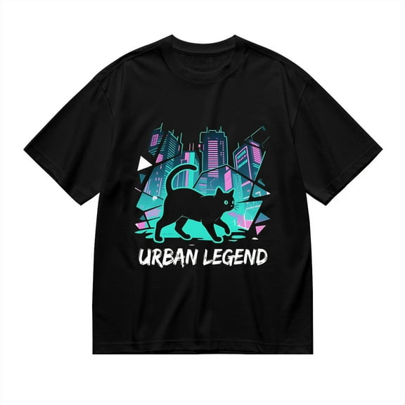Black T Shirts for Men, Urban Legend,Black Cat City Print Mens Graphic Tees, 24013599,S