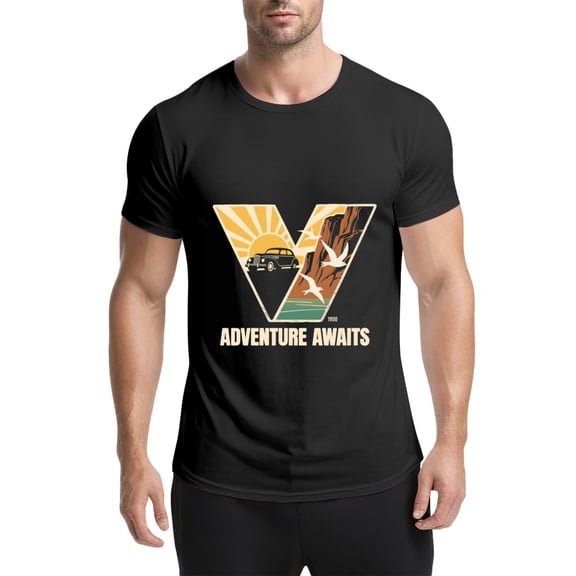 Black T Shirts for Men, Vintage Car,Sun,Adventure Awaits,Graphic Mens Graphic Tees, 25060551,S