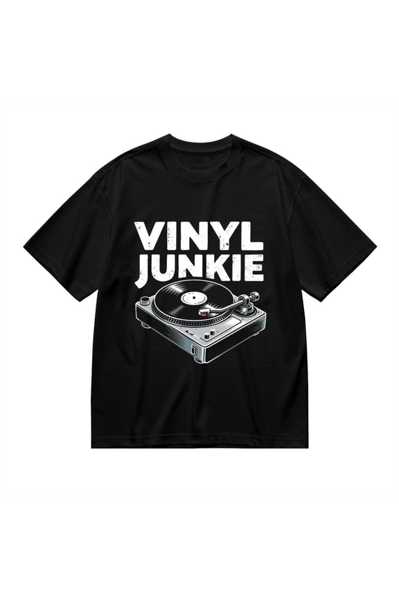 Black T Shirts for Men, Vinyl Junkie, Record Player Print Mens Graphic Tees, 24816242,3XL