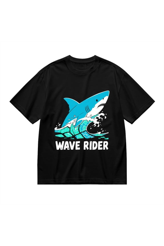 Black T Shirts for Men, Wave Rider, Shark Surf Print Mens Graphic Tees, 24013498,S