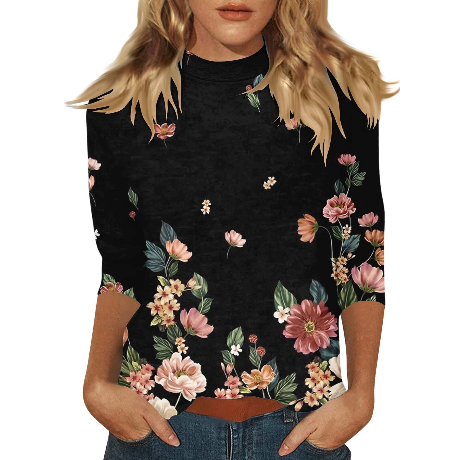 Black T Shirts for Women 3/4 Length Sleeve Womens Tops Mock Neck Cute ...
