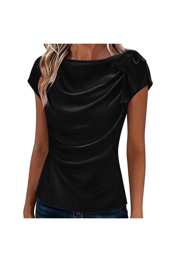 Black T Shirts for Women Satin Ruched Bow Tie Tops Elegant Draped Front Cap Sleeve Evening Blouses