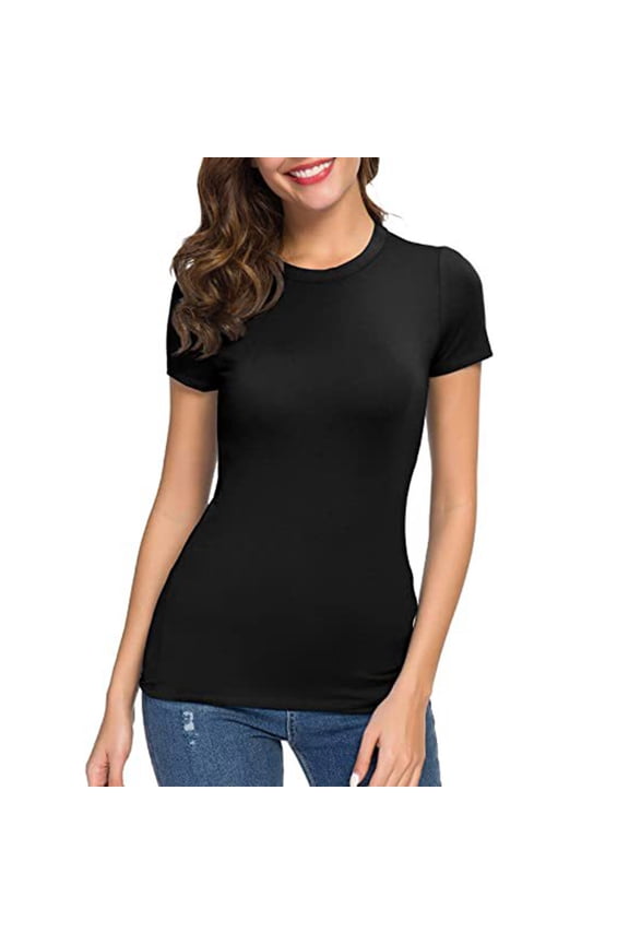 Black T Shirts for Womens Basic Solid Color Crew Neck Short Sleeve Long Tee Shirt Fashion Clothing