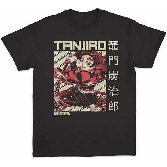 Black T-shirt with KIMETSU NO YAIBA DEMON Slayer image, cute anime chibi men's and women's T-shirt