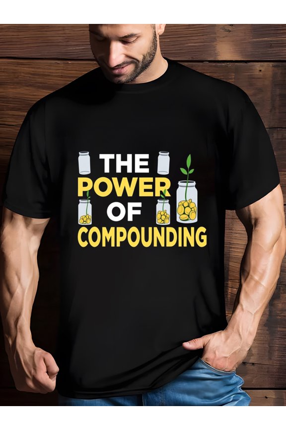 Black T shirt with The Power of Compounding Jar and Coin Graphic Casual Round Neck Short Sleeve Tee Finance Themed Design Ideal For Money Enthusiasts