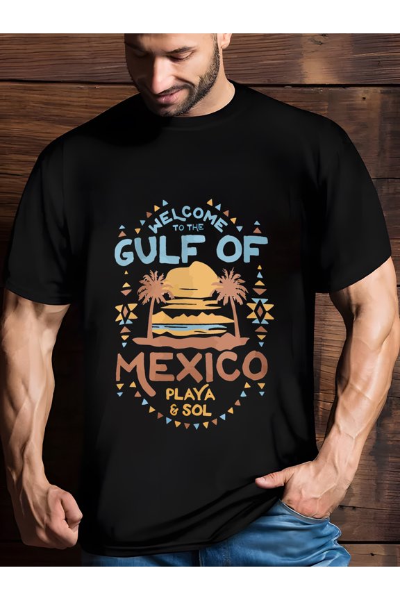 Black T shirt with Welcome to the Gulf of Mexico Playa & Sol Graphic Casual Round Neck Short Sleeve Tee Beach Themed Design For Travelers